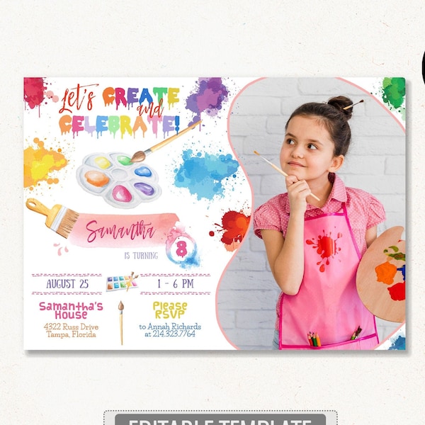 Paint Party Birthday Invitation with Photo, Art Party Invitation Girl, Painting Party Birthday Invitation, Colorful Art Invite CEP140