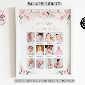 Collage de fotos editable de los primeros 12 meses, cartel del primer año floral rosa rubor, año de cumpleaños de la niña en imágenes cartel CEP073