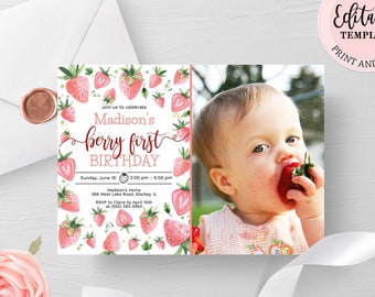 Editable Strawberry Photo Invitation, Girl Berry First Birthday Template, Berry Sweet 1st Birthday Strawberries Birthday Invite CEP075