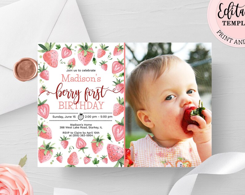 Editable Strawberry Photo Invitation Girl Berry First Birthday Template Berry Sweet 1st Birthday Strawberries Birthday Invite