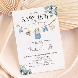 Bearbeitbare Babykleidung Babypartyeinladung, Junge Wäscherei Babyparty einladen, Blau Greenery Eukalyptus Junge Wäscheleine Baby einladen CEP171