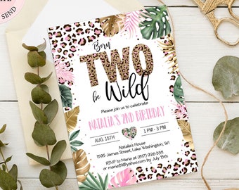 Editable Two Wild Leopard Print Invitation Girl, Jungle Birthday Party Invite, Leopard Print Safari 2nd Birthday Digital Invite CEP086