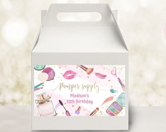 Editable Spa Party Gable Box Label, Makeup Party Birthday Gift Box Label, Tween Girl Glam Party Birthday Favor Bag CEP079