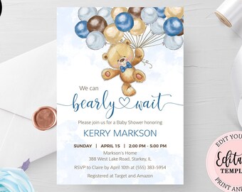 Editable Bear Balloons Baby Shower Invitation Template, Blue Brown We Can Bearly Wait Teddy Bear Invite, Teddy Bear Boy Baby Shower CEP078