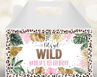 Editable Leopard Print Gable Box Label, Jungle Party Girl Wild Birthday, Zoo Safari Tropical Birthday Gift Box Favor Label CEP086