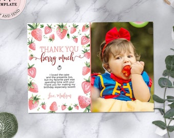 Editable Strawberry Thank You Photo Card, Berry First Birthday Thank You Note, Berry Sweet Strawberries BirthdayGuest Thank You Note CEP075