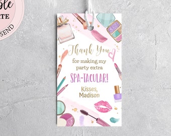 Editable Spa Party Gift Tag Template, Makeup Party Favor Tag, Tween Glam Girl Birthday Thank You Tag, Pink Purple Gold Birthday Tags CEP079