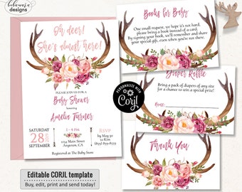 Editable Oh Deer Baby Shower Invitation Girl Template Tribal Baby Shower Invite Deer Antlers Blush Pink Floral Baby Shower Invite Set CEP034