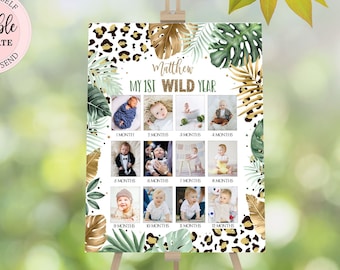 Editable First 12 Months Photo Collage, Leopard Print Boy First Year Poster Sign, Jungle Birthday Year in Pictures Poster CEP086