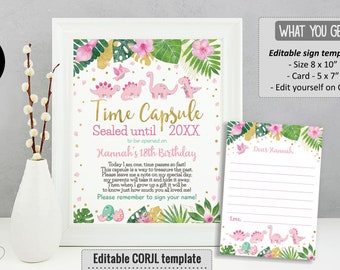 Pink Dinosaurs Time Capsule Sign and Note Card, Dinosaurs Time Capsule Poster 1st Birthday, Editable Girl Birthday Time Capsule  CEP036