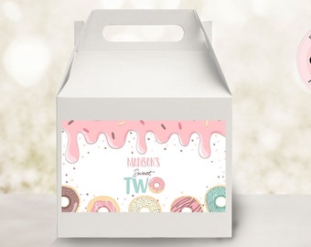 Editable Sweet Donut Gable Box Label, Pastel Doughnuts Birthday Gift Box Label, Two Sweet Any Age Girl Donut Birthday Favor Bag CEP043