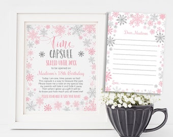 First Birthday Time Capsule Sign Note Card, Winter Wonderland Time Capsule 1st Birthday Sign, Editable Girl Snowflakes Time Capsule CEP027