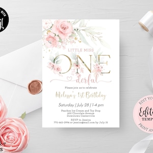 Editable 1st Birthday Invitation Template, Blush Pink Floral Little Miss Onederful Birthday Invitation Girl, First Birthday Invite CEP073