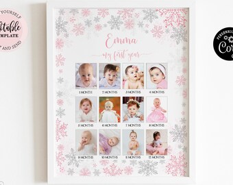 Editable First 12 Months Photo Collage, Winter Onederland First Year Poster Sign, Snowflakes Birthday Year in Pictures Poster CEP027