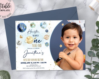 Editable Outer Space Birthday Photo Invitation Boy, Galaxy Planets Birthday Invite, Houston We Have a One Year Old, Any Age Invite CEP071