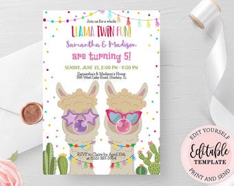 Editable Whole Llama Fun Birthday Invitation, Twin Llama Fiesta Invitation, Alpaca Birthday Invite, Cactus Llama Dual Birthday CEP144