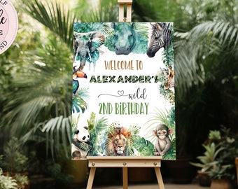 Editable Jungle Party Welcome Sign, Boy Wild Child Safari Animals Welcome Poster, Tropical Jungle Birthday Party Welcome Sign CEP083