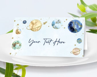 Editable Outer Space Place Cards, Galaxy Planets Table Cards, Boy Astronaut Food Cards, Gold Rocket Tent Cards, Planets Buffet Cards CEP071