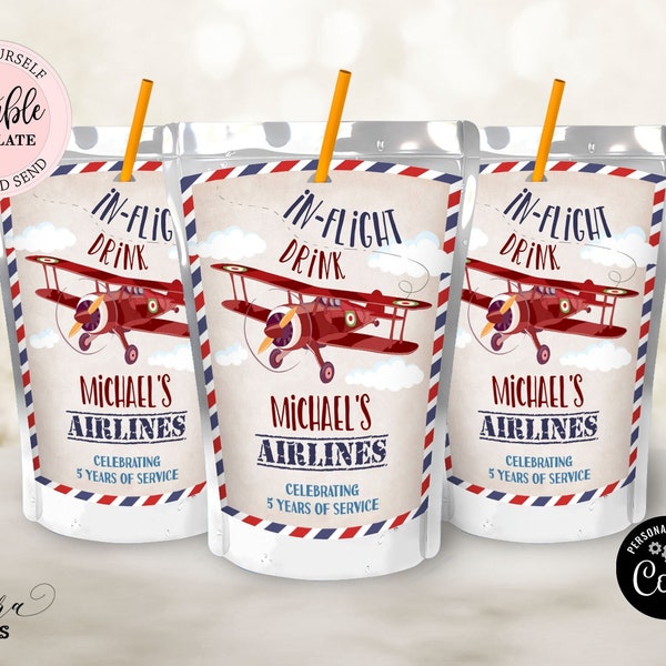Editable Vintage Airplane Juice Box Label, Red Airplane Birthday Juice Pouch Label, In Flight Drinks Boy Birthday Juice Box Label CEP135