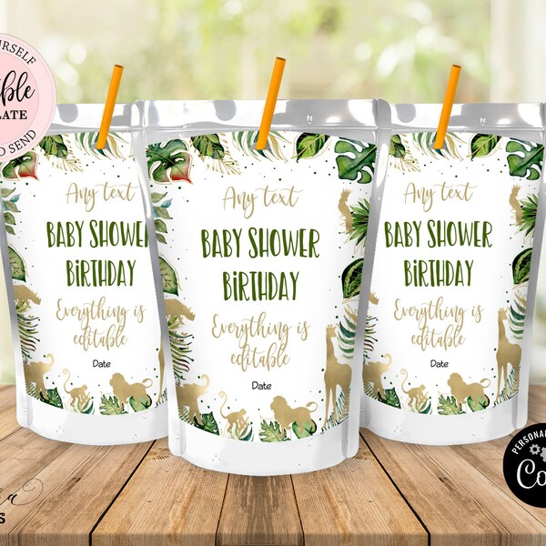 Editable Safari Juice Box Label Template, Gold Jungle Birthday Boy Juice Pouch Label, Zoo Animals Tropical Digital Baby Shower CEP038