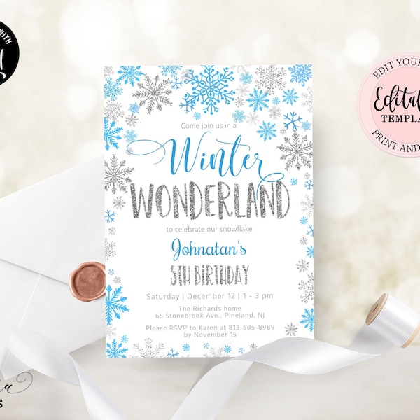Winter Wonderland Birthday Invitation, Blue Silver Snowflakes Boy Birthday, Editable Wonderland Winter Any Age Invite CEP027