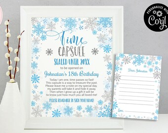 First Birthday Time Capsule Sign Note Card, Winter Wonderland Time Capsule 1st Birthday Sign, Editable Boy Snowflakes Time Capsule CEP027