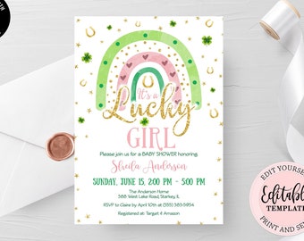 St. Patrick's Day Baby Shower Invitation, Editable Shamrock Rainbow Baby Invite, Green Gold Pink Rainbow It's a Lucky Girl Invite CEP076