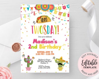 Editable Taco Twosday Birthday Invitation, Mexican Fiesta Birthday Invite, Boy or Girl Invite, Taco Cactus Birthday Party Invite CEP055