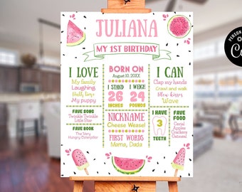 Watermelon Milestone Birthday Poster Girl, One in a Melon Pink Editable Digital Milestone 1st Birthday Sign, Summer Birthday Poster CEP137