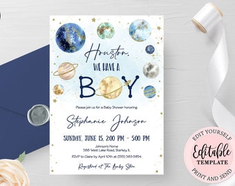 Editable Outer Space Baby Shower Invitation, Galaxy Planets Baby Shower Invite, Houston We Have a Boy Invite, Astronaut Baby Shower CEP071