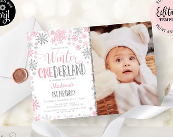 Winter Onederland 1st Birthday Invitation with Photo, Pink Silver Snowflakes Invitation Girl, Winter Wonderland Editable Invite CEP027