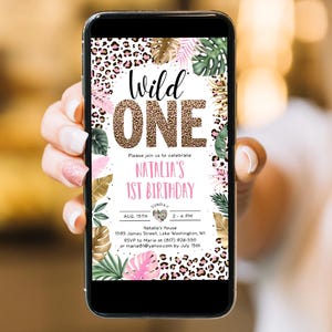 Editable Wild One Leopard Print Evite, Jungle Electronic Digital Invitation, Safari 1st Birthday E-vite Girl, Leopard Print Party CEP086