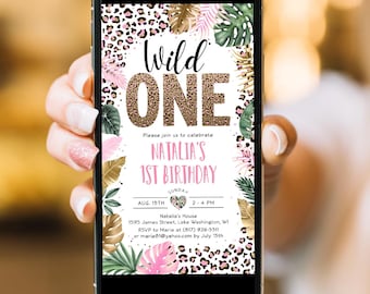 Editable Wild One Leopard Print Evite, Jungle Electronic Digital Invitation, Safari 1st Birthday E-vite Girl, Leopard Print Party CEP086