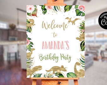 Dinosaurs Welcome Sign for Girls, Gold Dinos Birthday Welcome Sign, Pink Floral Tropical Welcome Sign, Wild Party Any Event Poster CEP039