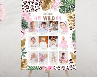 Editable First 12 Months Photo Collage, Leopard Print Girl First Year Poster Sign, Jungle Birthday Year in Pictures Poster CEP086