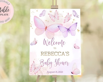 Editable Butterfly Welcome Sign, Pink Purple Butterflies Baby Shower, A Little Butterfly is on her Way Girl Baby Shower Welcome Sign CEP087