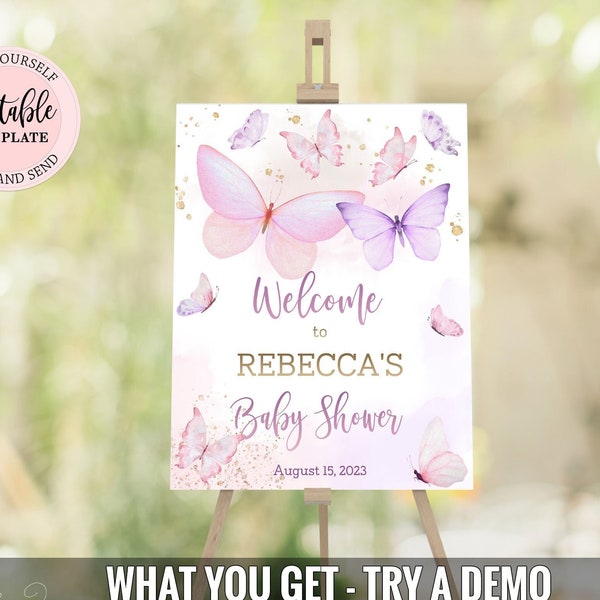 Editable Butterfly Welcome Sign, Pink Purple Butterflies Baby Shower, A Little Butterfly is on her Way Girl Baby Shower Welcome Sign CEP087