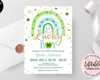 St. Patrick's Day Baby Shower Invitation, Editable Shamrock Rainbow Baby Invite, Green Gold Blue Rainbow It's a Lucky Boy Invite CEP076