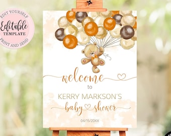 Editable Teddy Bear Welcome Sign, Orange Brown Balloons Bear Baby Shower, We Can Bearly Wait Girl Baby Shower Welcome Sign CEP078