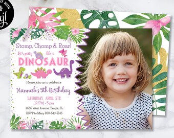 Purple Dinosaurs Birthday Invitation with Photo, Girl Dinosaur Party Any Age Birthday Invitation, Dino Editable Birthday Invite CEP036