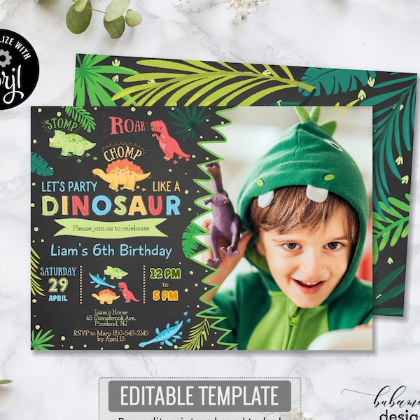 Chalkboard Dinosaur Birthday Invitation with Photo, Editable Boy Dinosaur Party Birthday Invitation, Stomp Chomp Roar Any Age Invite CEP037