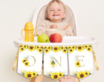 Editable Sunflowers 1st Birthday High Chair Banner, Miss Onederful First Birthday High Chair Banner, Girl ONE High Chair Banner CEP143