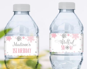 Winter Onederland Water Bottle Label, Melted Snow Water Bottle Label, Pink Silver Snowflakes Winter Wonderland Birthday Bottle Label CEP027