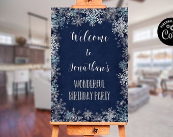 Winter Onederland Welcome Sign, Editable Navy Blue and Silver Snowflakes Birthday Welcome Sign, Printable Winter Decoration CEP027