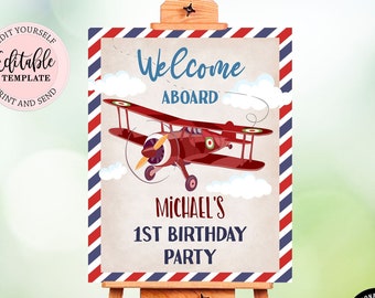 Editable Airplane Welcome Sign, Vintage Airplane Birthday Welcome, Red Blue Airplane How Time Flies Boy Birthday Welcome Sign CEP135