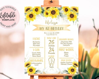 Sunflowers Milestone Birthday Sign Girl, Editable Floral Milestone 1st Birthday Board, Yellow Gold First Birthday Poster CEP143