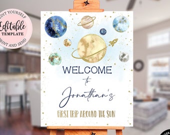 Outer Space Birthday Welcome Sign, Editable Planets Baby Shower Welcome Sign, Digital Any Event Astronaut Boy Welcome Sign Template CEP071