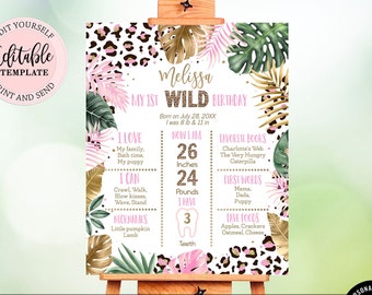 Editable Leopard Print Milestone Birthday Sign Girl, Leopard Print Jungle Birthday Party 1st Birthday Sign, Wild One Stats Poster CEP086