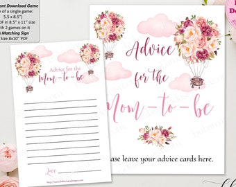 Baby Shower Advice Card and Sign, Hot Air Balloon Advice for Mom to Be, Pink Floral Baby Shower Advice, Girl Baby Shower Games CEP006