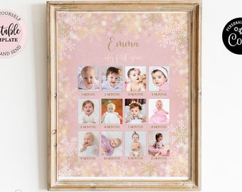 Editable First 12 Months Photo Collage, Winter Onederland Gold First Year Poster Sign, Snowflakes Birthday Year in Pictures Poster CEP027